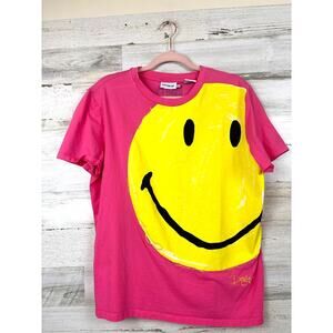 Desigual Womens XL Pink Smiley Collection Short Sleeve Designer Retro Tee